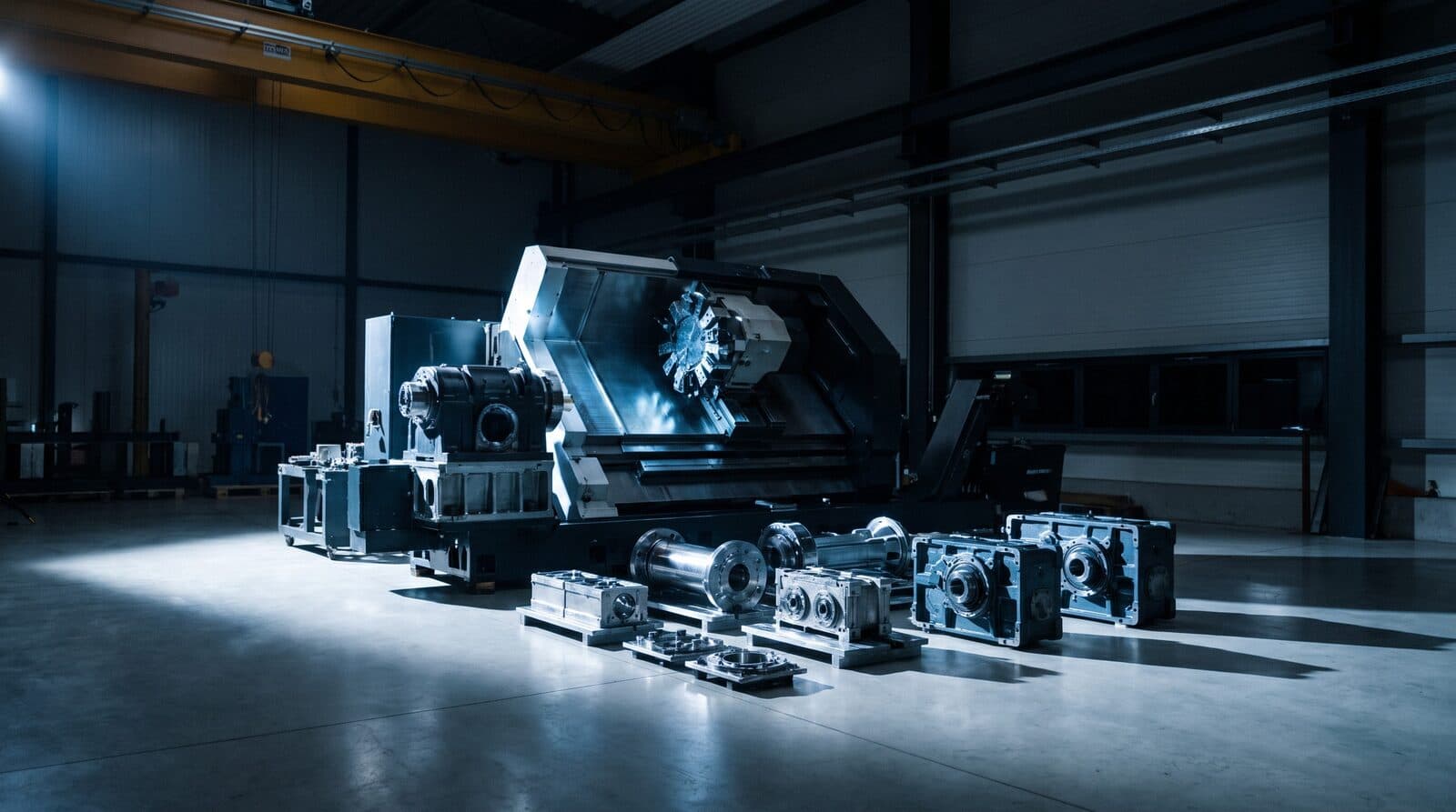 A large CNC lathe on a factory floor with machined gearboxes and shafts laid out in front of it