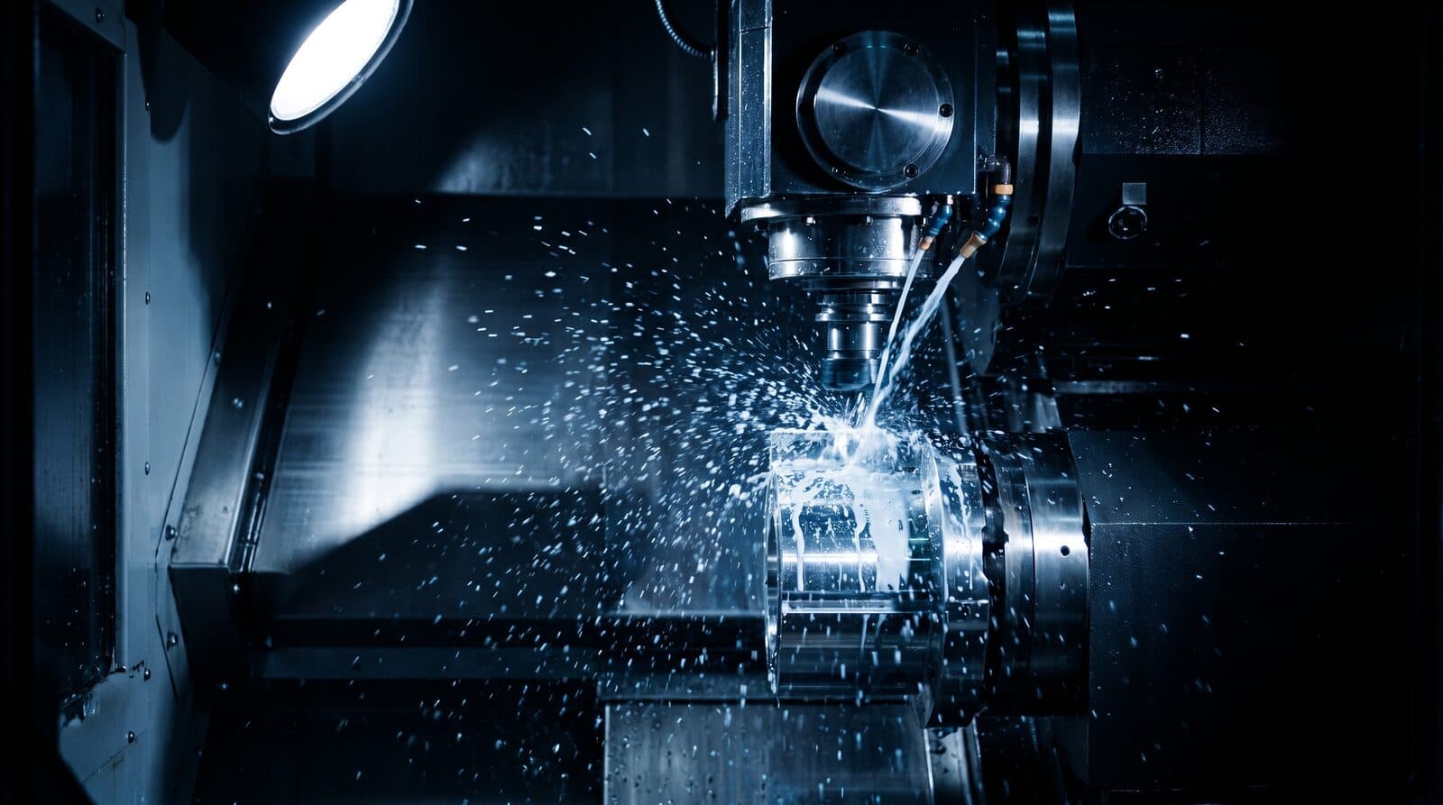A CNC machining centre cutting a steel component with coolant spray catching the light
