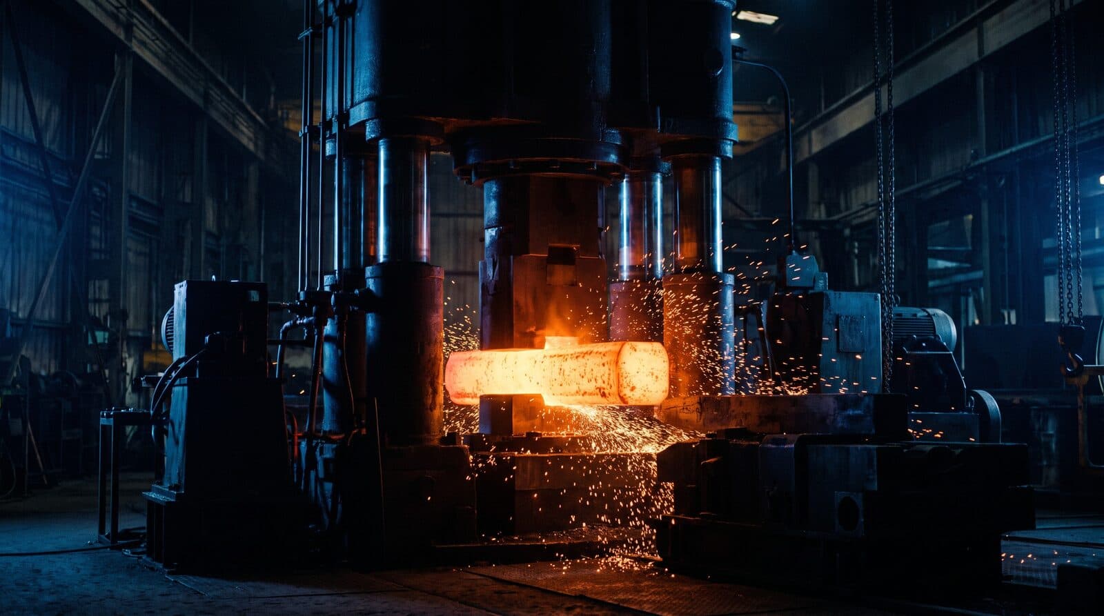 A glowing steel billet under an industrial forging press, sparks scattering in a dark workshop