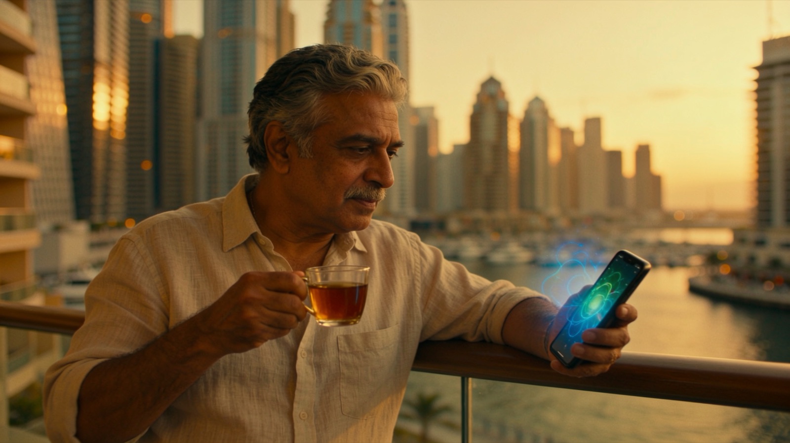 A factory owner on a Dubai balcony at golden hour, tea in one hand, phone in the other